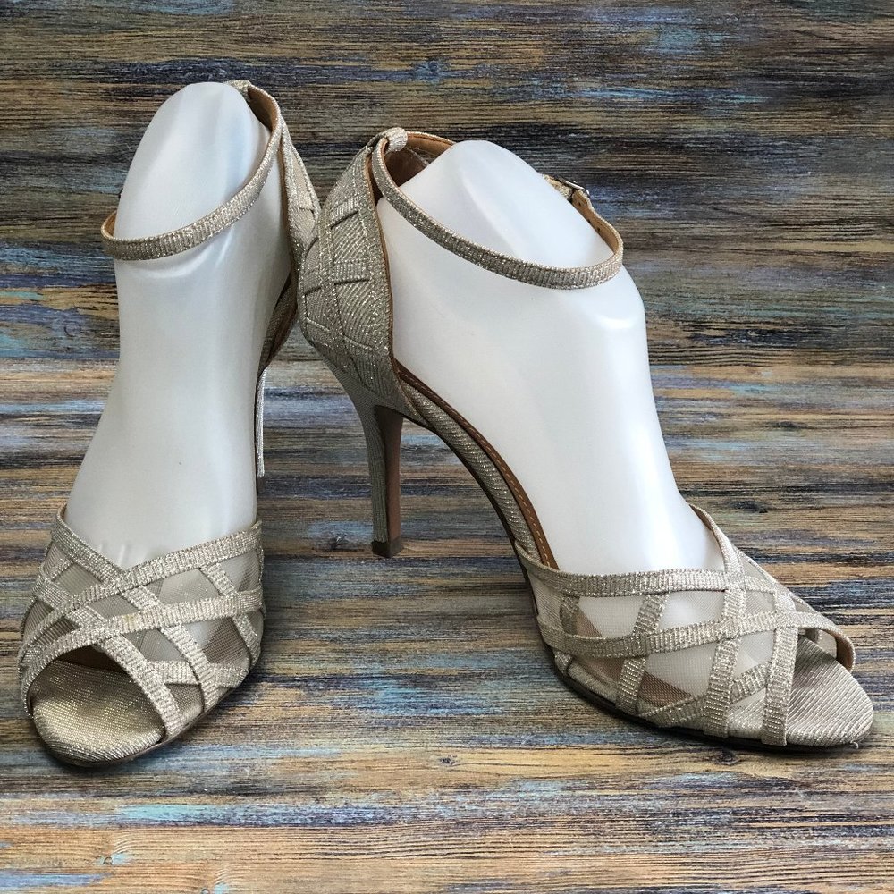 Kay Unger Meenka KU Womens Ankle Strap Heels Shimmering Gold Tones Size 9.5M